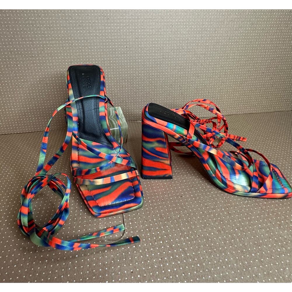 ASOS Design Colorful Orange Blue Heels Strappy Square Toe Tie Up High Heel - Picture 3 of 12